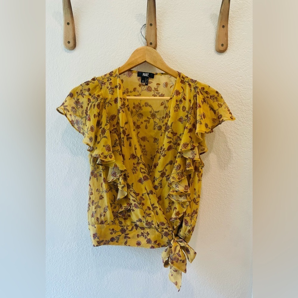 PAIGE Trista Mustard Floral Silk Flutter Sleeve Surplice Boho Blouse size XS - Picture 2 of 4